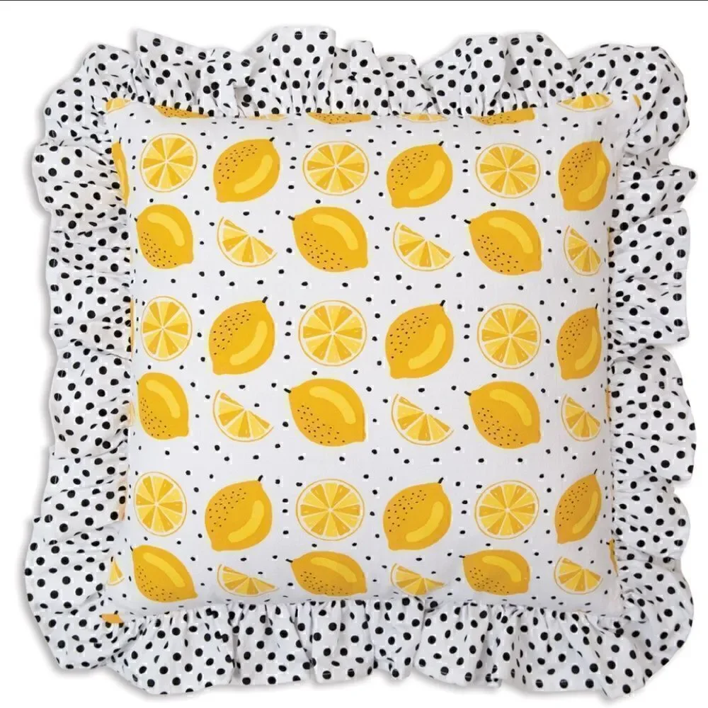 NEW! HOT ITEM! Farmhouse Lemon and Polka Dot Ruffled Throw Pillow Country Citrus